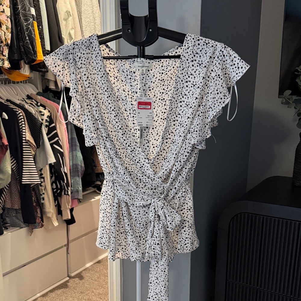 White and Black Dotted Wrap Blouse